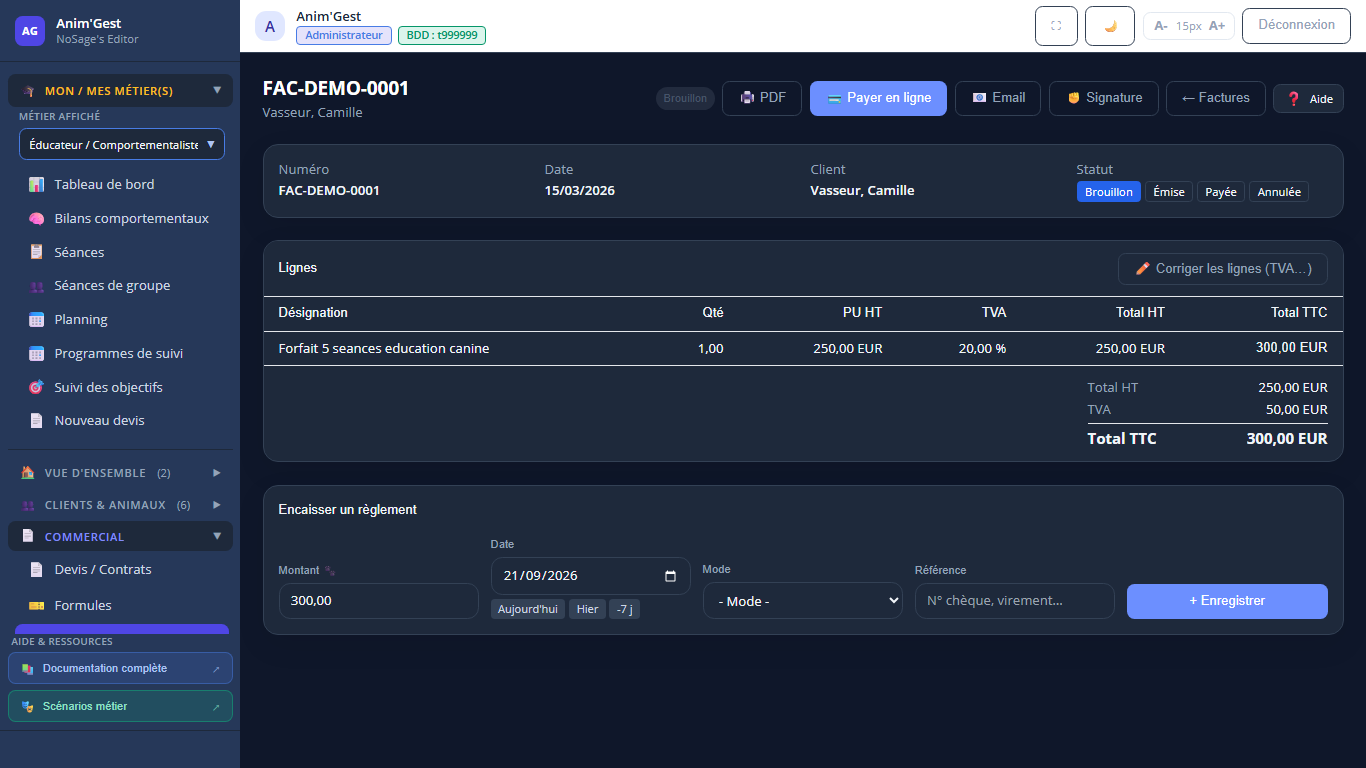 Capture 1 - Ouvrir une facture (statut, payé, reste à payer)