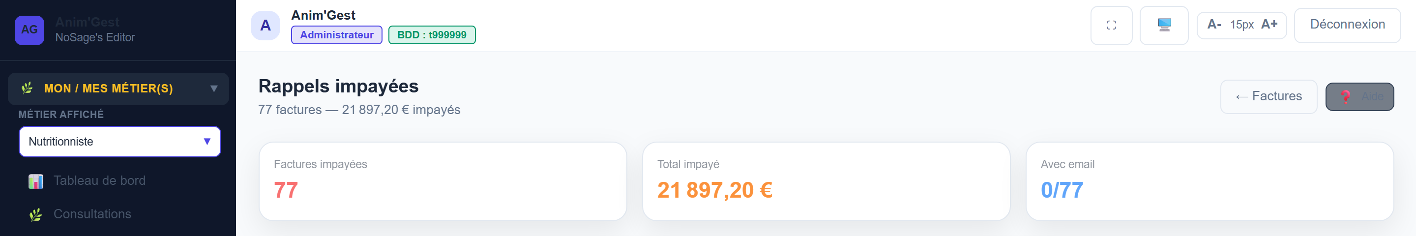 En-tête : total impayé et barre d'actions de relance